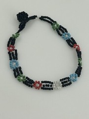 Handmade Seed Bead Tennis Bracelet Triple Strand Black Multicolor Daisy Flowers