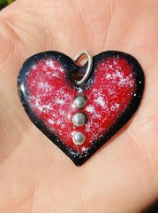 Red And Black Heart Pendant Glass Enameled Copper Handmade red and black jewelry