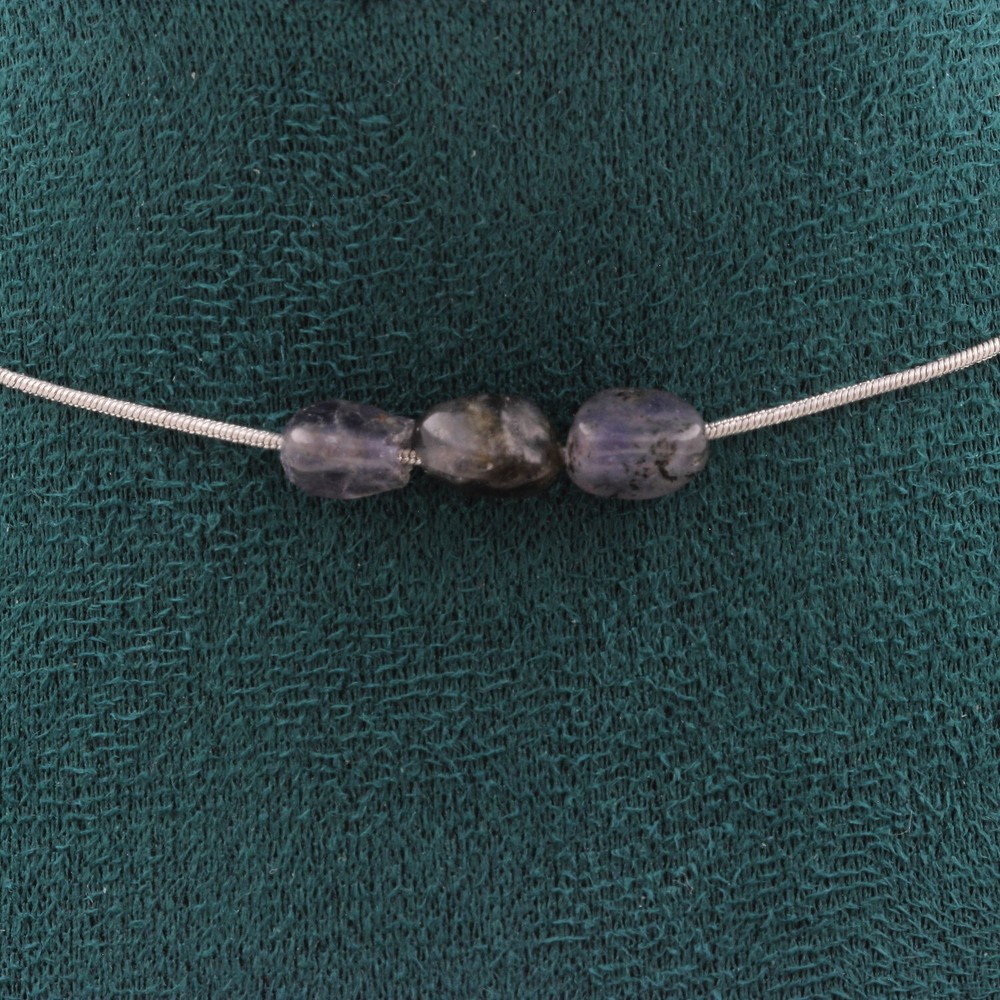 Necklace 3 beads Cordierite Iolite from Madagascar. Steel chain Women’s necklace