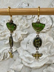 Boho Whimsical Green Czech Glass Bee Charm Romantic OOAK Dangle Earrings Gift