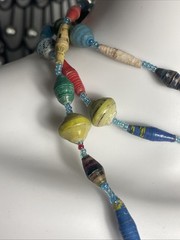 Handmade, extra-long necklace made from multicolor recycled paper beads 56”