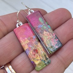 Min Favorit Watercolor Floral & White Enamel Silver Pl Artisan Earrings