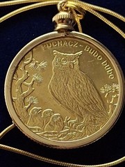 2005 Poland Eagle Owl Coin Pendant & 22″ Gold Overlay Snake .925 Chain, 28mm