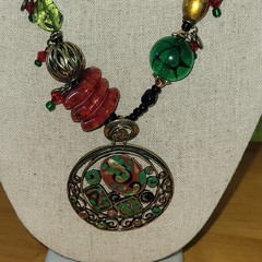 Artisan Mosaic Enamel Medallion Necklace Lampwork Foil Beads Chunky Boho