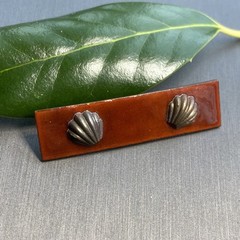 Vintage Bar Brooch Brown Enamel Copper Shell Repousse Estate Jewelry Pre-Owned