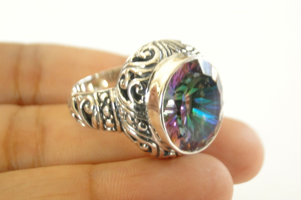 Ornate Mystic Topaz Solitaire 925 Sterling Silver Ring Size 6 7 8 9