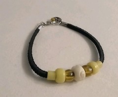 Bracelet Yellow Glass & Bone Beads, Leather Cord, Beads Made By Native Americans