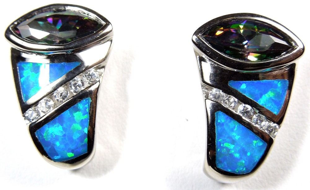 Rainbow Topaz and Blue Fire Opal Inlay Solid 925 Sterling Silver Earrings