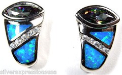 Rainbow Topaz and Blue Fire Opal Inlay Solid 925 Sterling Silver Earrings