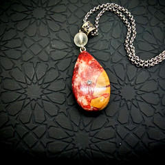 Handcrafted Teardrop Necklace: Red-White Resin with Embedded Wood & Crystal