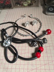 Vtg (4) Jeff Lieb Necklace Earrings Rubber Cord Swarovski Black Red Silver Tone