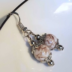 Art Nouveau Mottled White Brown Glass Beads Antiqued Silver Earrings