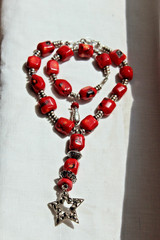 Taxco Mexico Red Coral Necklace Bracelet Set Artisan Strling Silver Star Pendant
