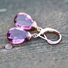 Handmade Wire Wrapped Kunziite Earrings 14k Rose Gold Filled , Lab Made Gems