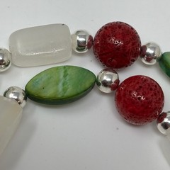 Handmade Beaded Necklace Red Coral Green MOP Shell and White Italian Onyx Beads