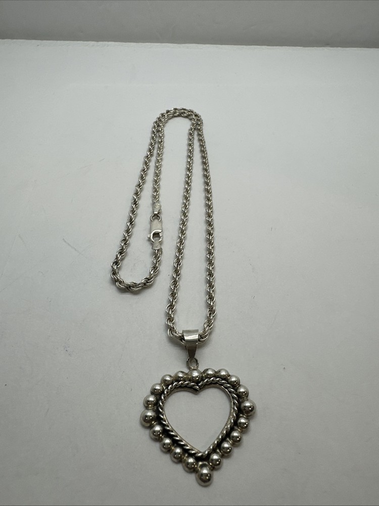 24” 4mm, Vintage Italy Sterling 925 Silver Rolled Rope Chain Necklace/Heart Pend