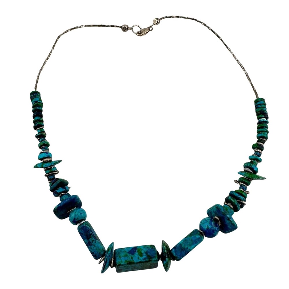 925 Sterling Silver Blue Green Purple Painted Ceramic Faux Azurite 17” Necklace