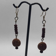 Moon Face Long Dangle Earrings Brown Clay Bead Boho Artisan Jewelry