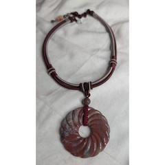 Artisan Carved Jasper Donut Pendant Necklace Mauve Spiral Bead Cord Adjustable