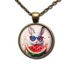 Patriotic Bunny Watermelon American Flag – Handmade ROUND Glass Pendant Necklace