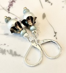 Vintage Style Bronze Blossom Freshwater Pearl Pale Blue Sterling Silver Earrings