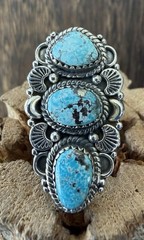 Sterling Silver Native Style SW Genuine Blue Ridge Turq 3 Stone Crawler Ring