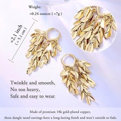 18K Gold Plated Leaf Hoop Earrings for Women, Long Tassel Dangle Drop Earring…