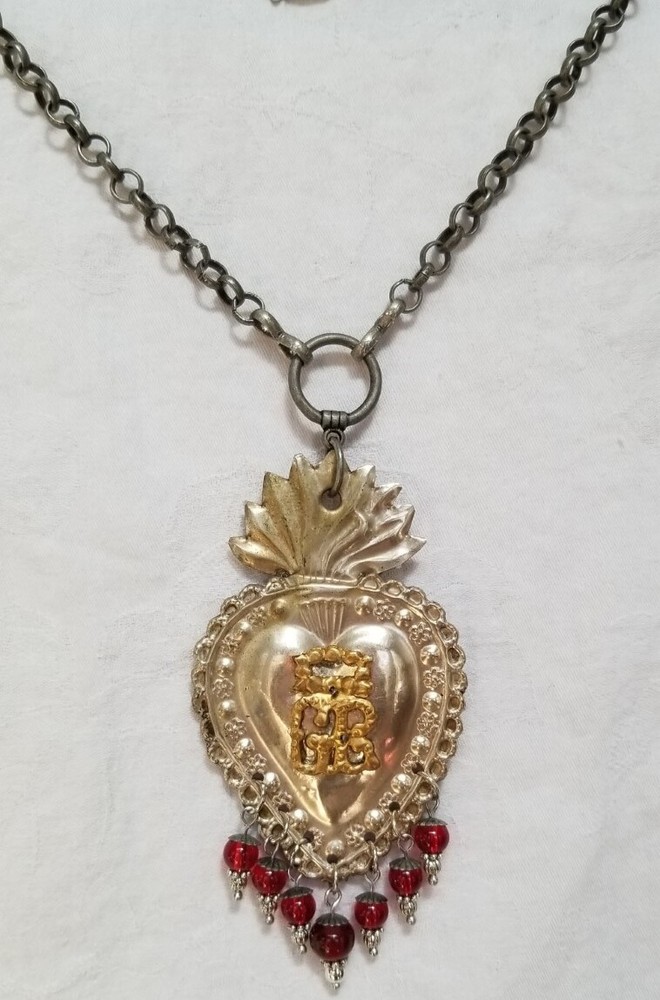 ANTIQUE MILAGRO Pendant NECKLACE Heart EX-VOTO Silver & Gold OOAK Handcrafted