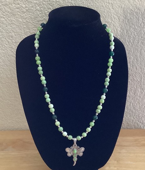 Necklace Green Chalcedony and Serpentine with Dragon Fly Pendant