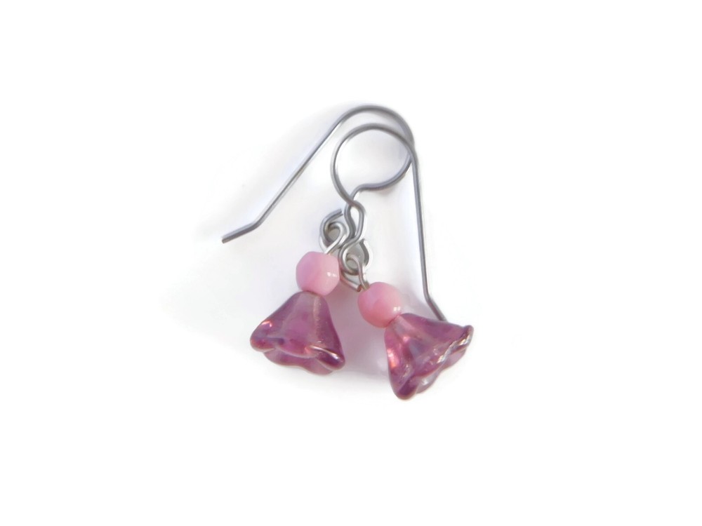 Purple and Pink Flower Czech Glass Bead Earrings, Handmade with Vintage Beads