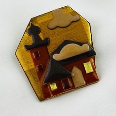 Lucinda House Brooch Pin Vintage Lighthouse Orange Gold Sunset Sky Estate
