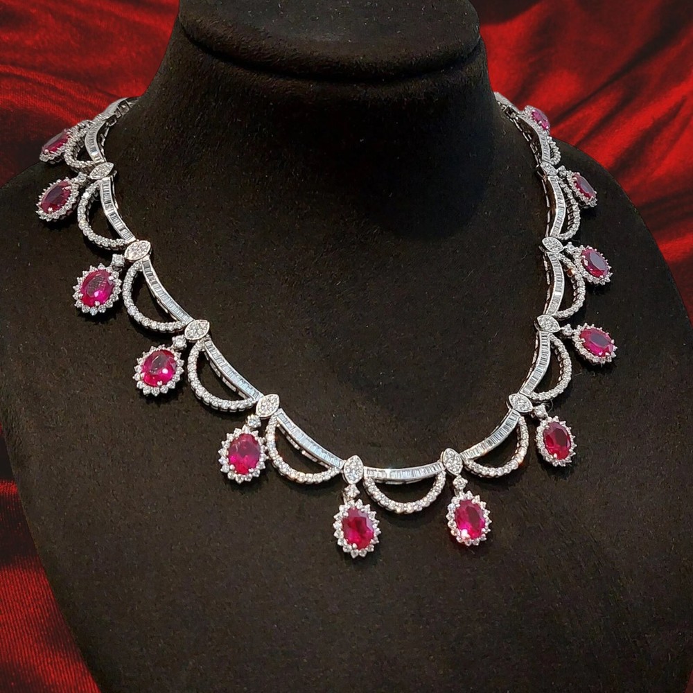 Round Brilliant Cut Lab Diamonds Ruby Wedding Necklace in 925 Fine Silver