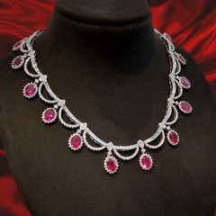 Round Brilliant Cut Lab Diamonds Ruby Wedding Necklace in 925 Fine Silver