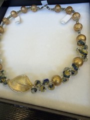 Italian Murano-Style Art Glass Necklace – Gold Leaf Beads & Leaf Pendant