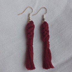 Handcrafted Macrame Tassel Earrings Red Cotton Gold Hook 2.5 Inch Bohemian