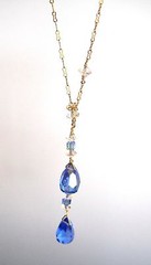 Delicate Dangle Lariat Necklace with Sapphire Briolette Crystals Gold Link Chain