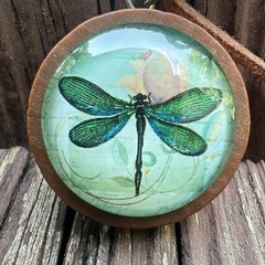 Artisan Dragonfly Glass Front Dome Earthy Cottagecore Wooden Pendant Necklace