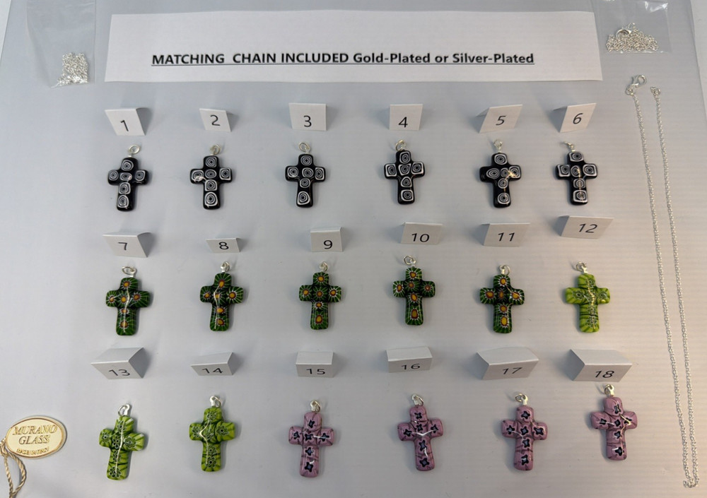 Murano Glass Millefiori Cross Necklace 925 Silver Bail Plated Chain (MC01)