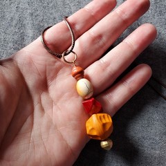 Handmade Orange Beaded Pendant Upcycled Necklace, 18 Inch Brown Cord