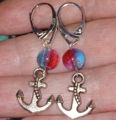925 Sterling Silver Filled Red Blue Glass Bead Anchor Navy Charm Lever Earrings