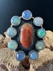 Sterling Silver Native American SW Genuine Orange Spiny & Ethiopian Opal Ring