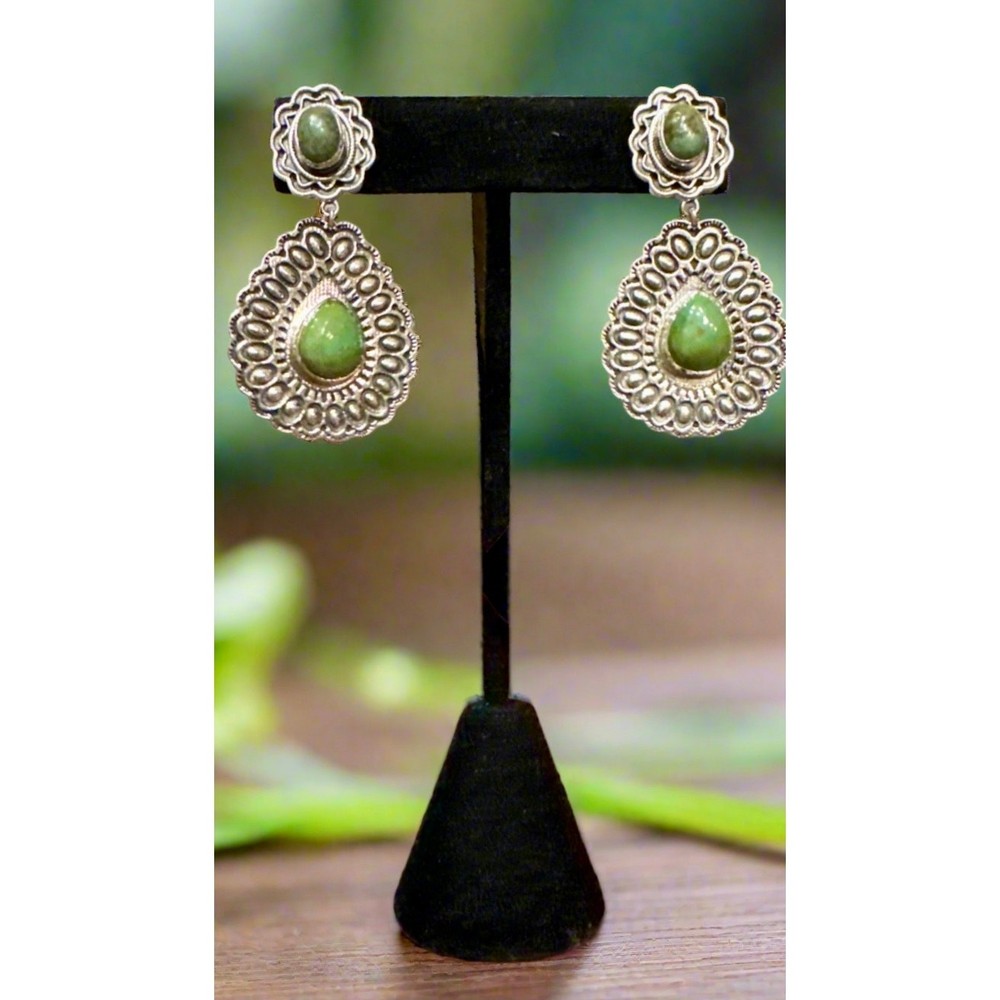 Green Turquoise Two Stone Dangle Earrings Sterling Silver 1.5”