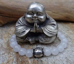 Women’s LIVE IN THE MOMENT White Quartz Gemstone Meditation Bead Bracelet 6.75″