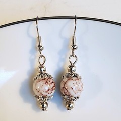 Art Nouveau Mottled White Brown Glass Beads Antiqued Silver Earrings