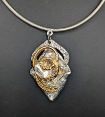 J Jansen Brustalist Modernist Silver Gold Tone Crystal Pendant Necklace