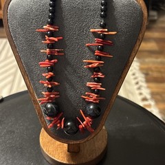 Artisan Red Coral And Black Stone Necklace Costal Beach Ocean Nature Read