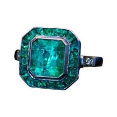 Sparkling Bluish Green Emerald Cut 3.15CT Emerald & White CZ Halo Vintage Ring