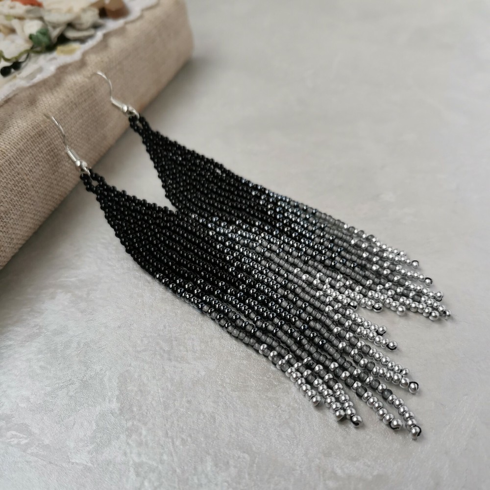 Black gray silver long seed bead fringe earrings Boho dangle beaded jewelry gift
