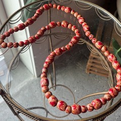 Vintage Red Wood Etched Beaded Necklace, Cinnabar 37″ Inch Necklace