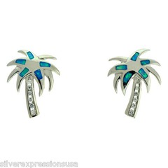 Blue Fire Opal Inlay Solid 925 Sterling Silver Palm Tree Post Earrings
